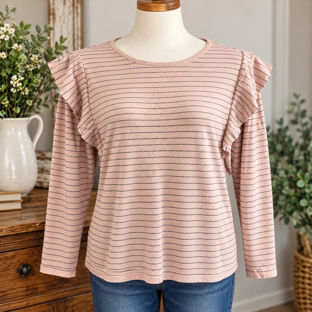 a.n.a Pink Striped Ruffle Shoulder Knit Sweater Top 1X Womens retro lightweight
